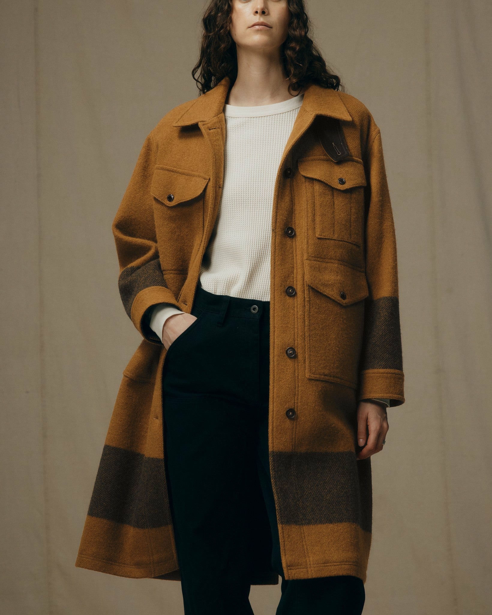 Filson Women Women's Wool Long Cruiser Coat - Whiskey / Black Stripe
