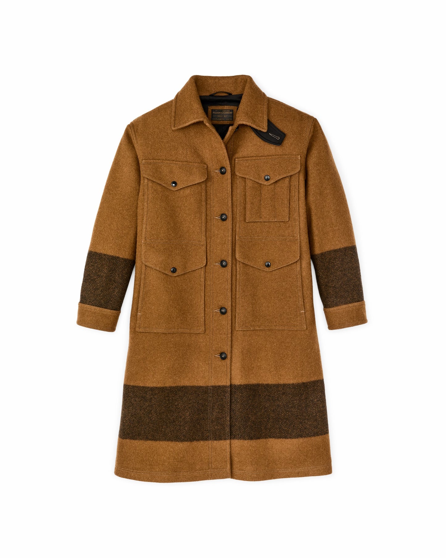 Filson Women Women's Wool Long Cruiser Coat - Whiskey / Black Stripe