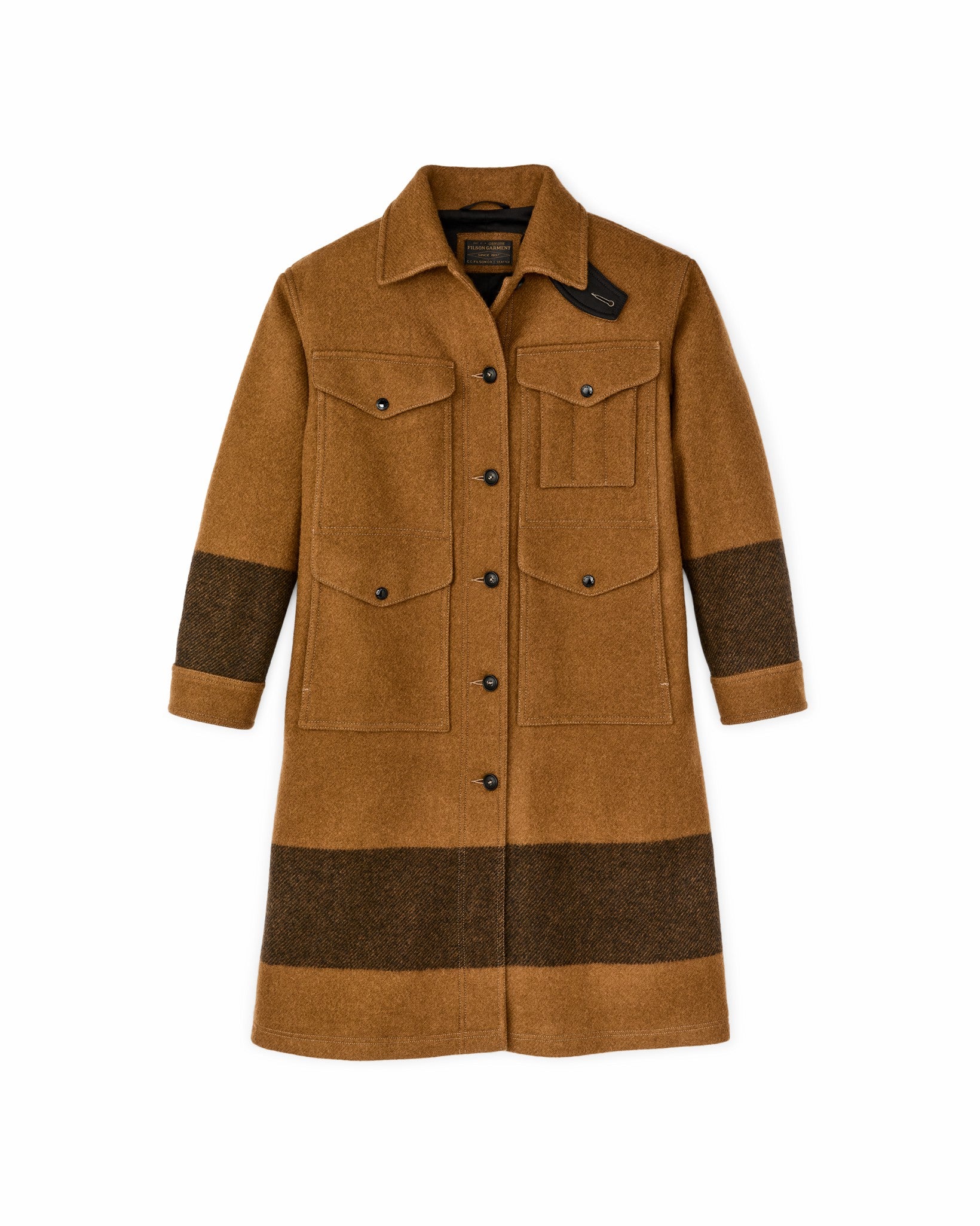 Filson Women Women's Wool Long Cruiser Coat - Whiskey / Black Stripe