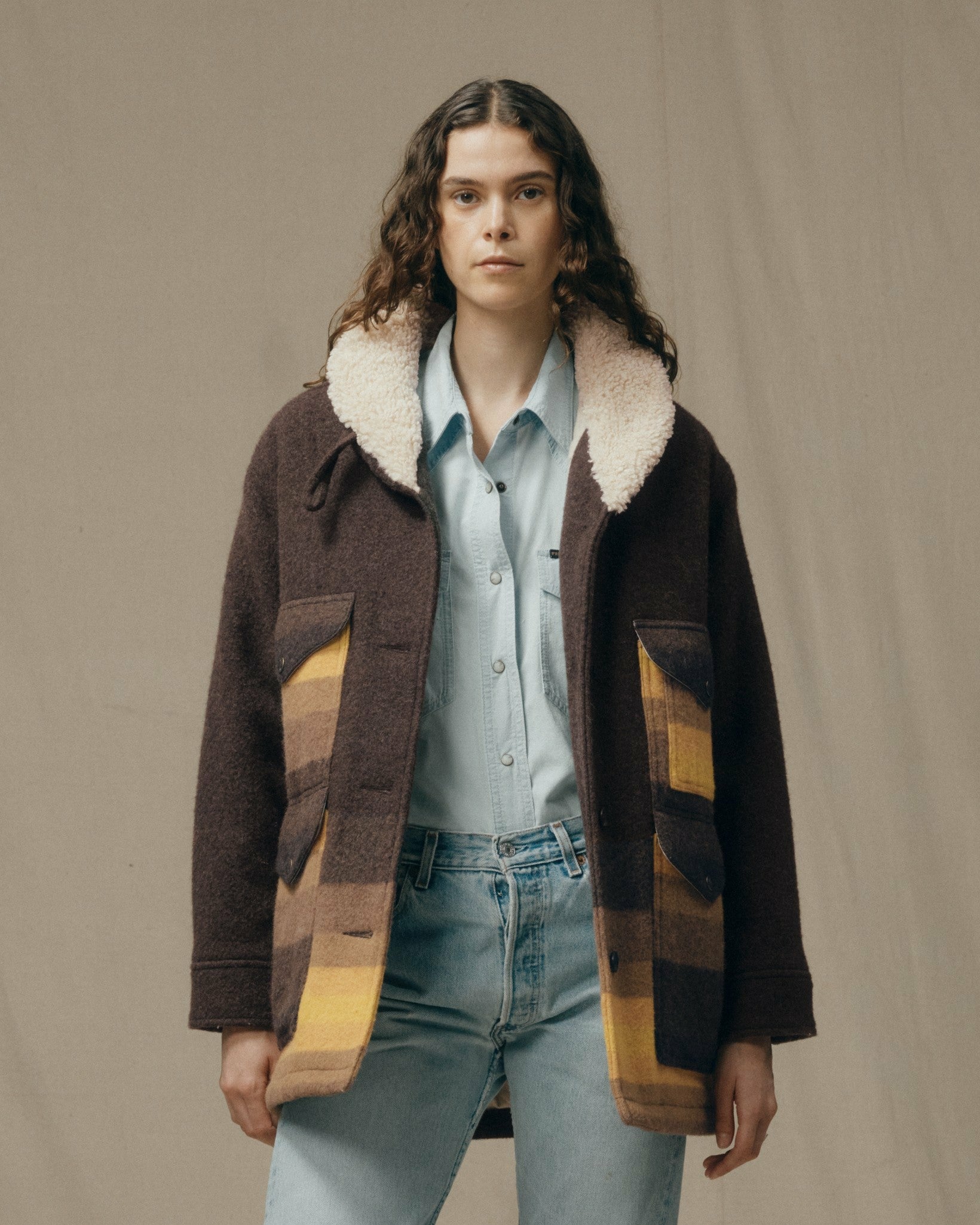 Filson Women Women's Kodiak Shawl Collar Coat - Brown / Yellow Stripe