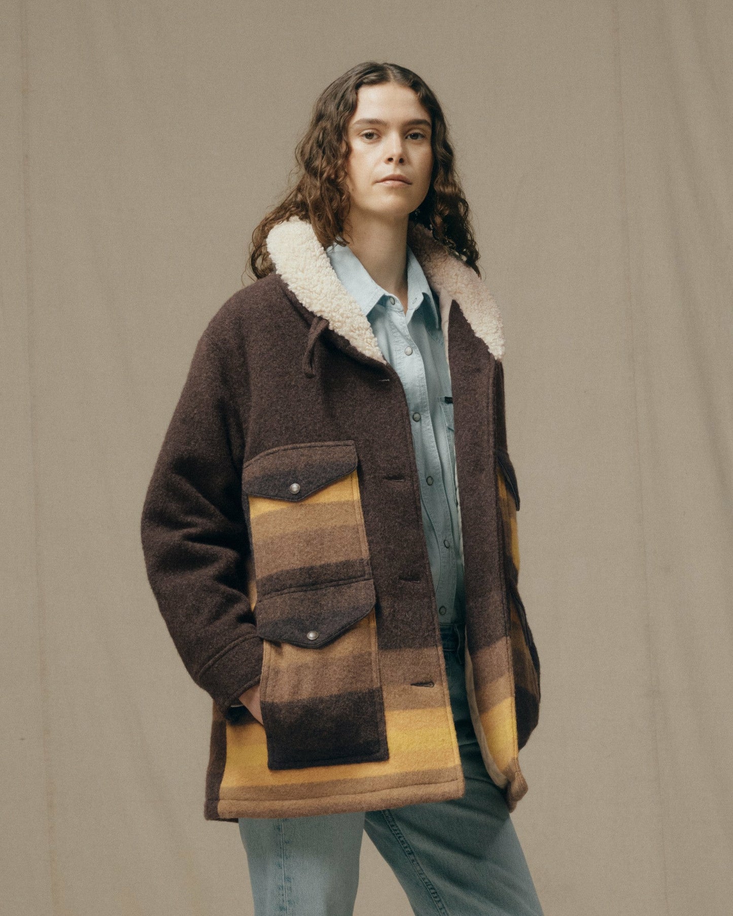 Filson Women Women's Kodiak Shawl Collar Coat - Brown / Yellow Stripe