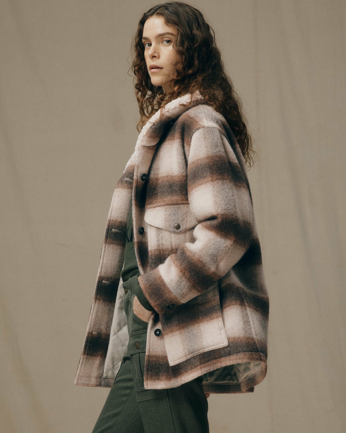 Filson Women Women's Kodiak Shawl Collar Coat - Cream / Brown Shadow Plaid