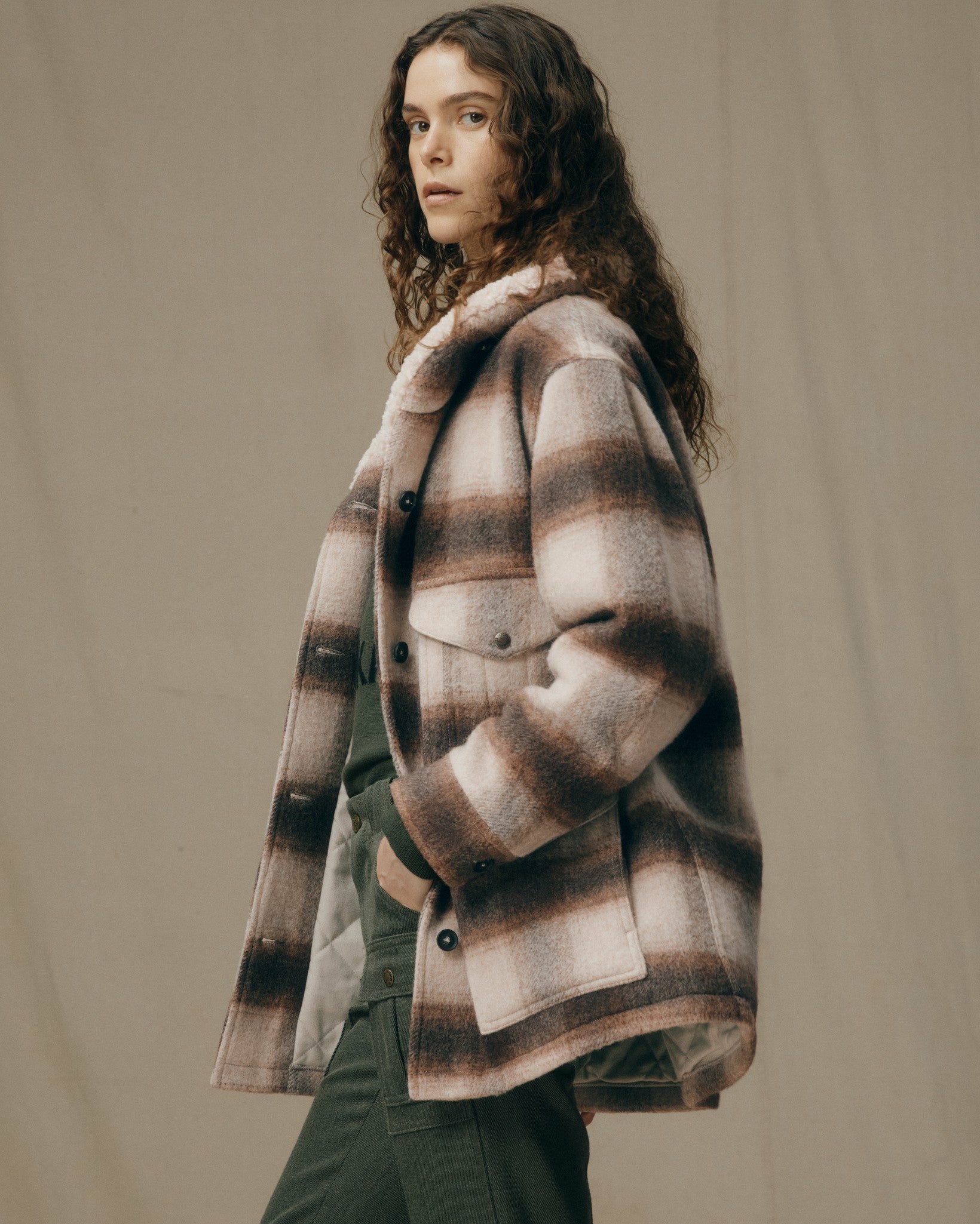 Filson Women Women's Kodiak Shawl Collar Coat - Cream / Brown Shadow Plaid