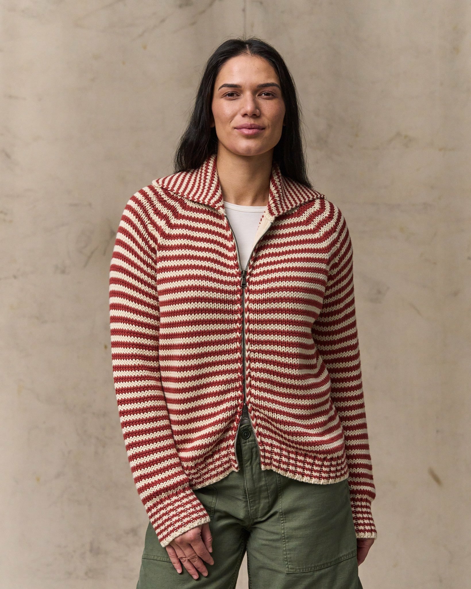 Filson Women Women's Cotton Full-zip Cardigan - Brick / Sand Stripe