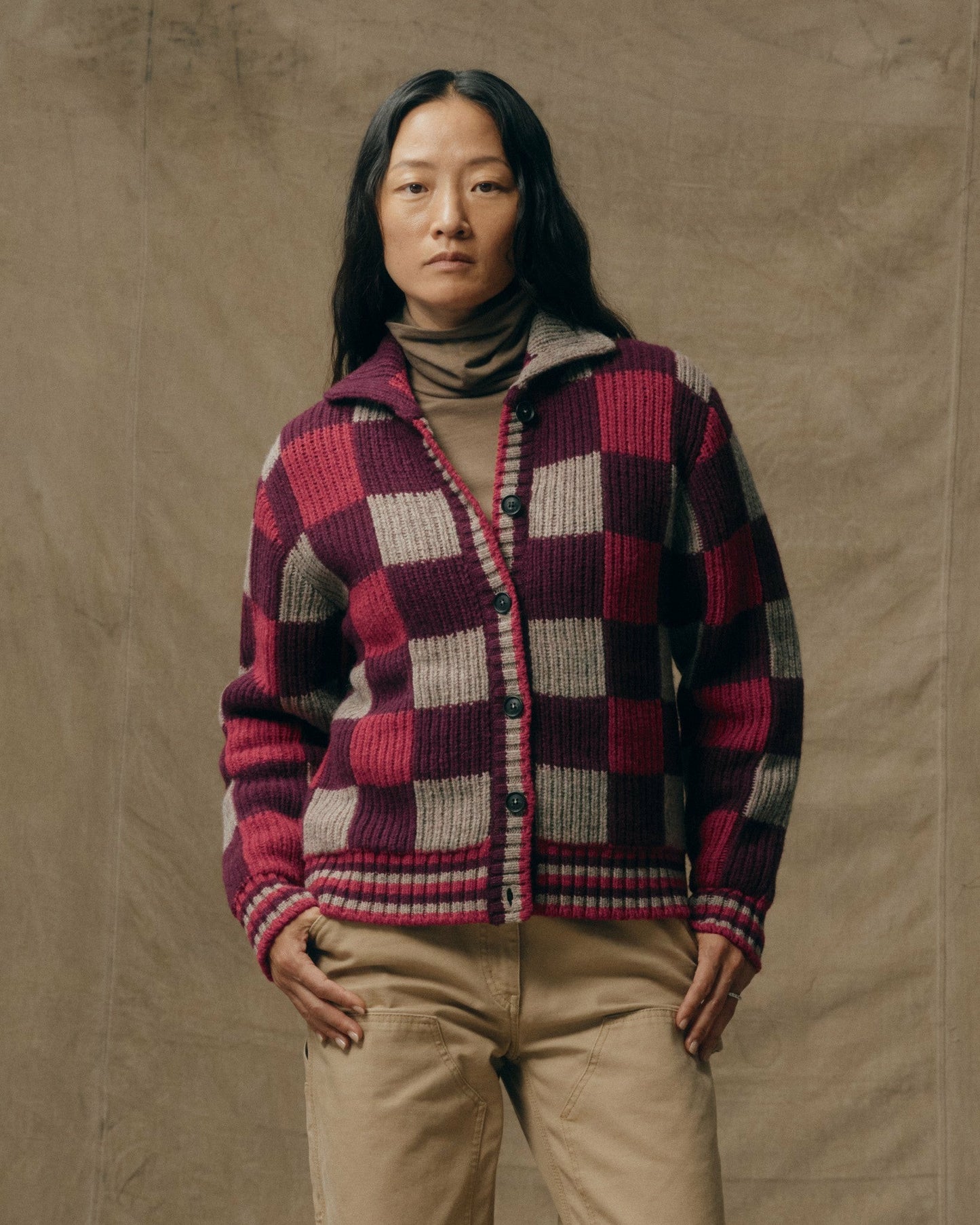 Filson Women Women's Checkered Wool Cardigan - Burgundy / Gray Check