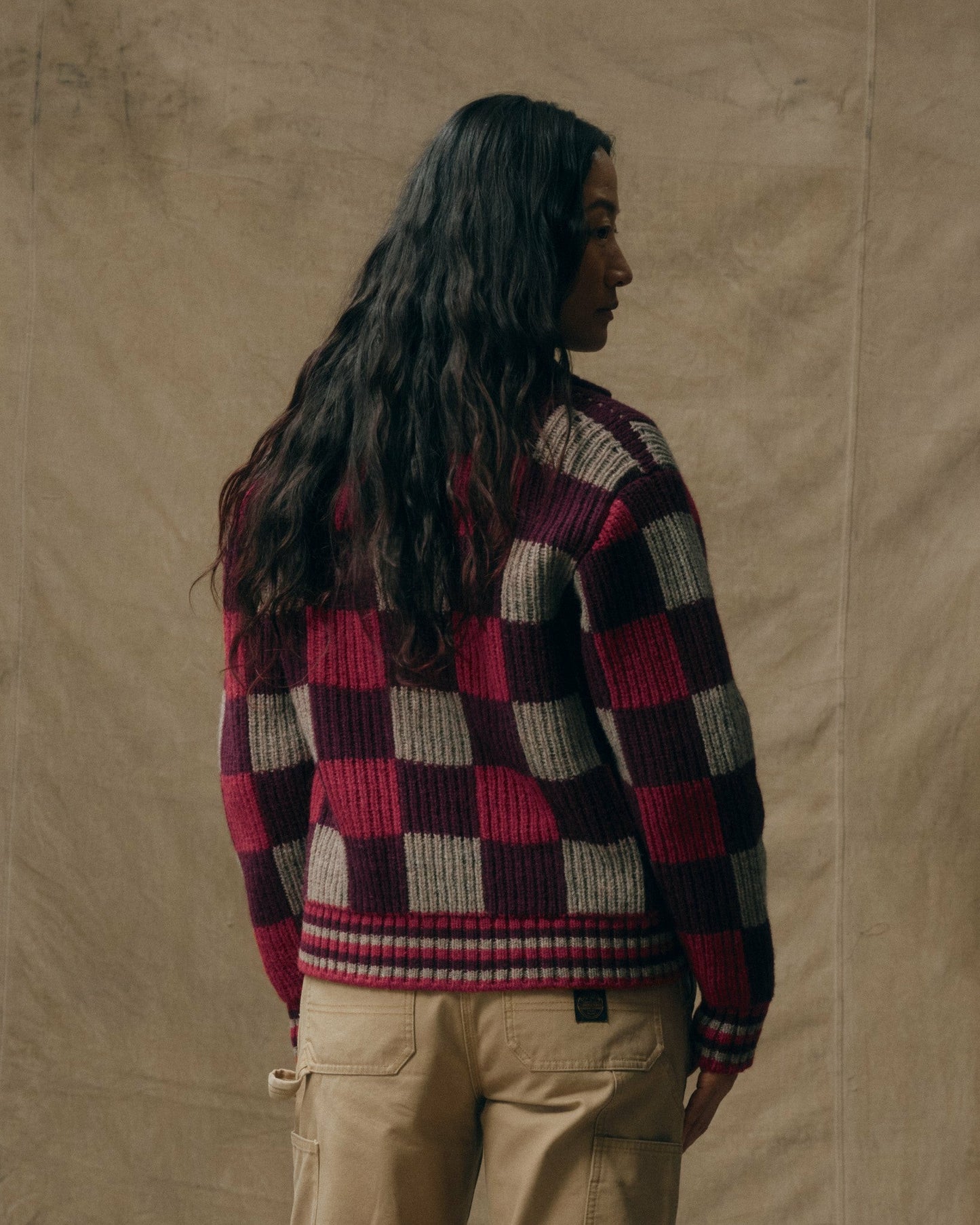Filson Women Women's Checkered Wool Cardigan - Burgundy / Gray Check