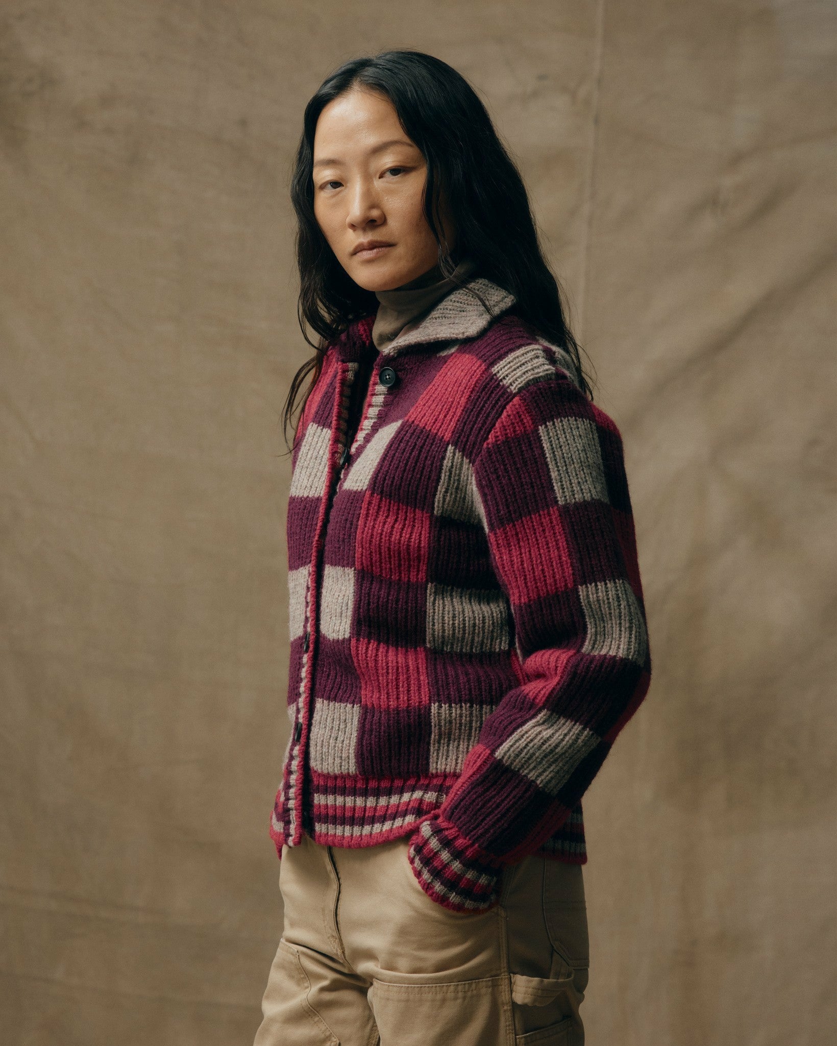 Filson Women Women's Checkered Wool Cardigan - Burgundy / Gray Check