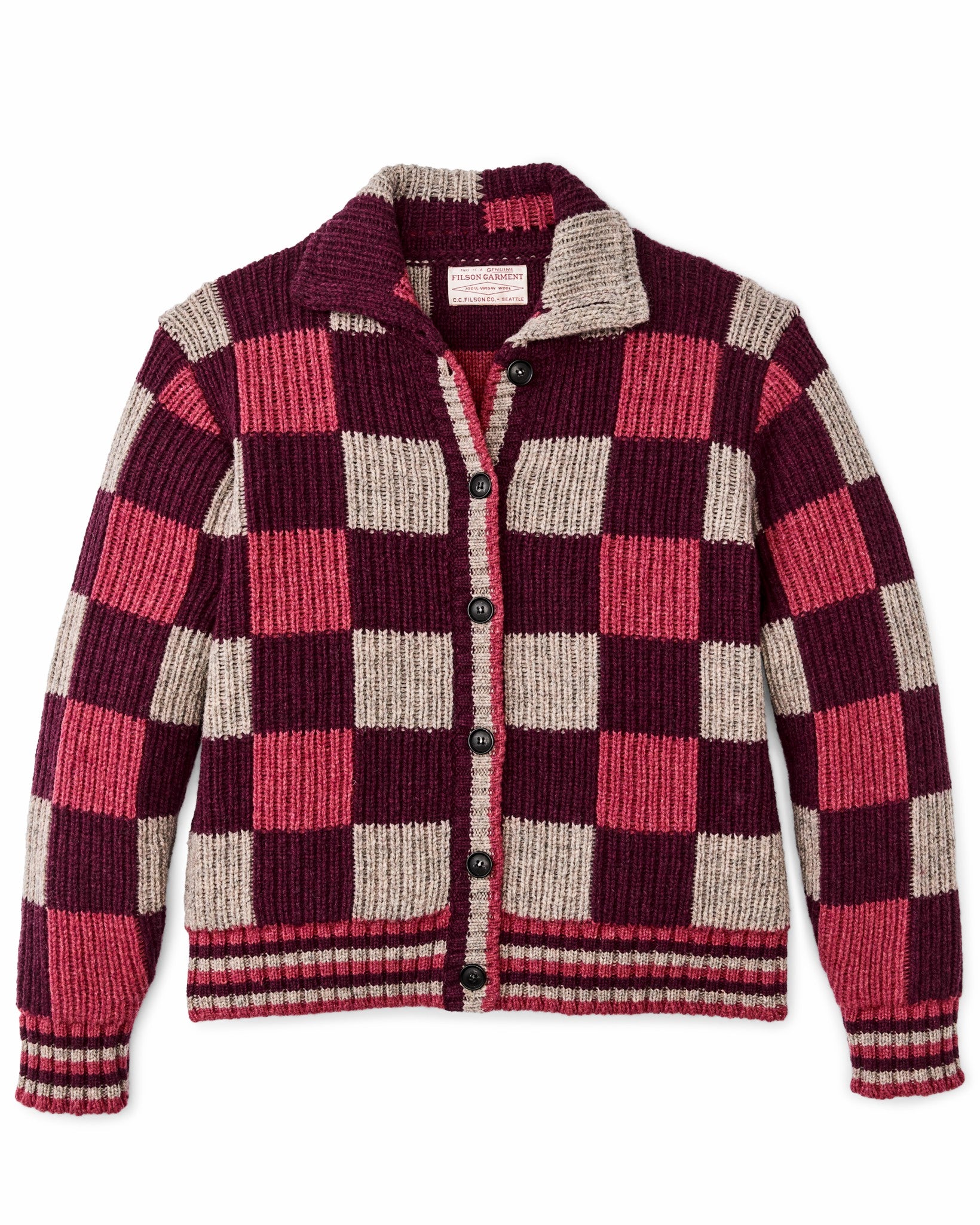 Filson Women Women's Checkered Wool Cardigan - Burgundy / Gray Check